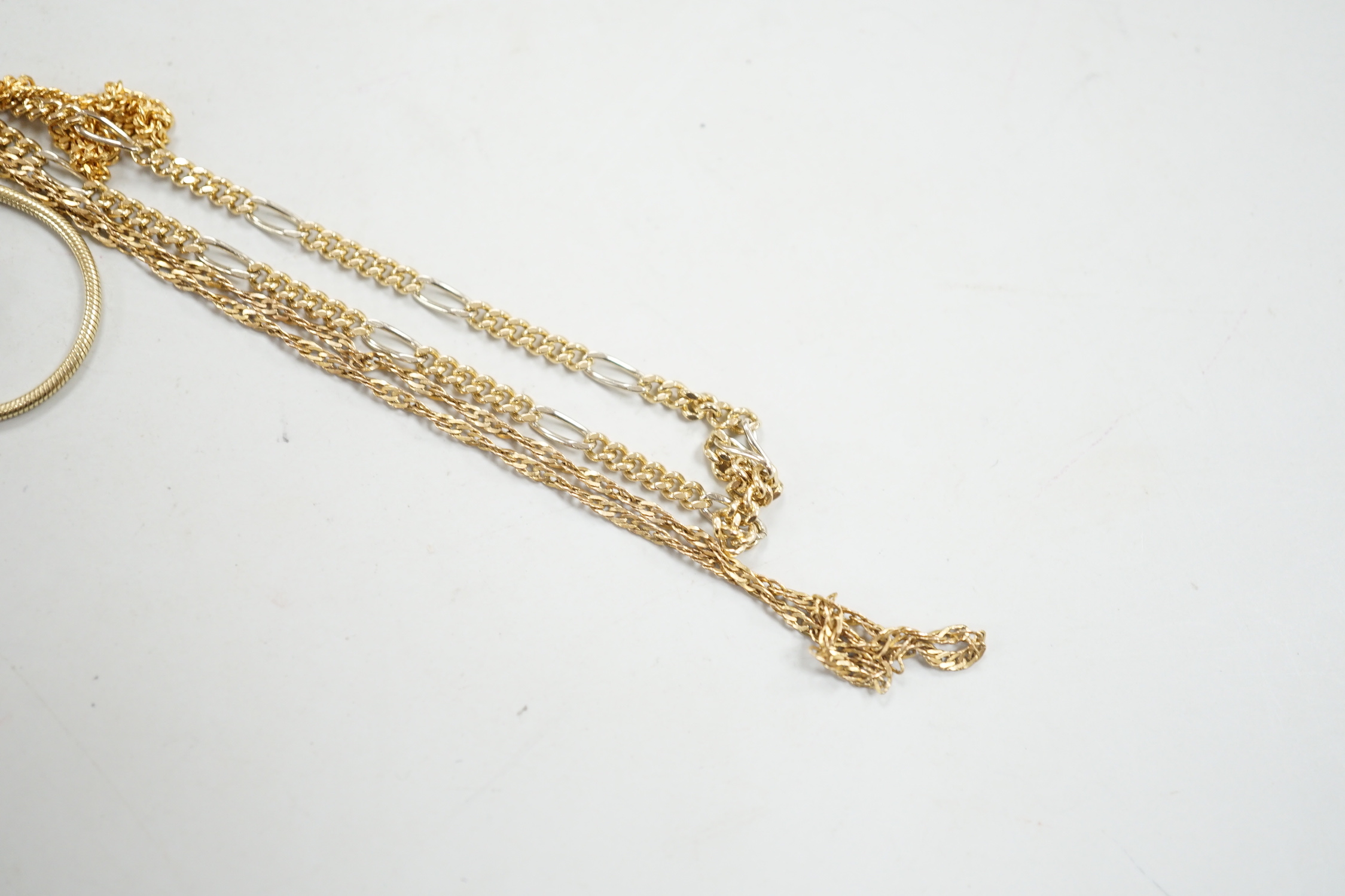 Five assorted modern 9ct gold chains including one two colour, longest 55cm, 16.6 grams.